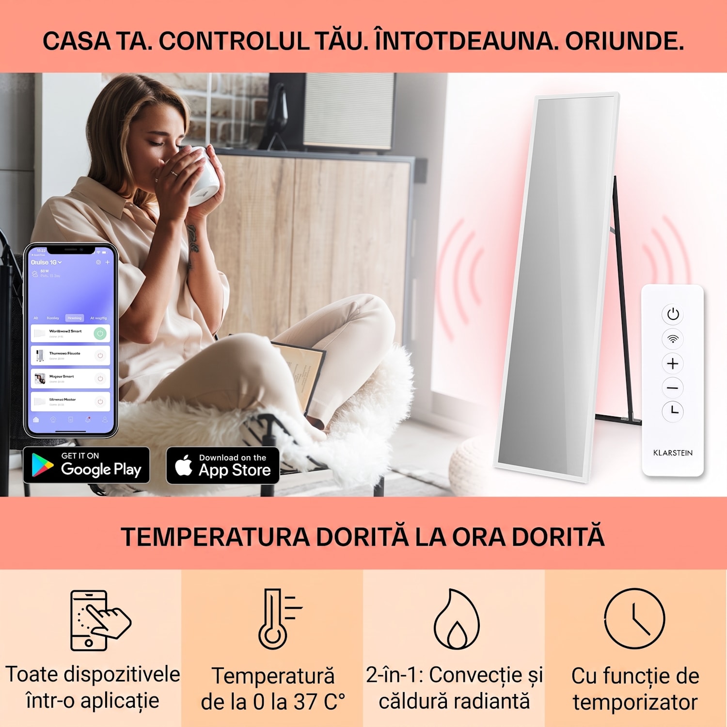 La Palma 900 smart, încălzitor, infraroșu, 40x160cm, 900W, partea frontală cu oglindă 40 x 160 cm | 900 W | Alb