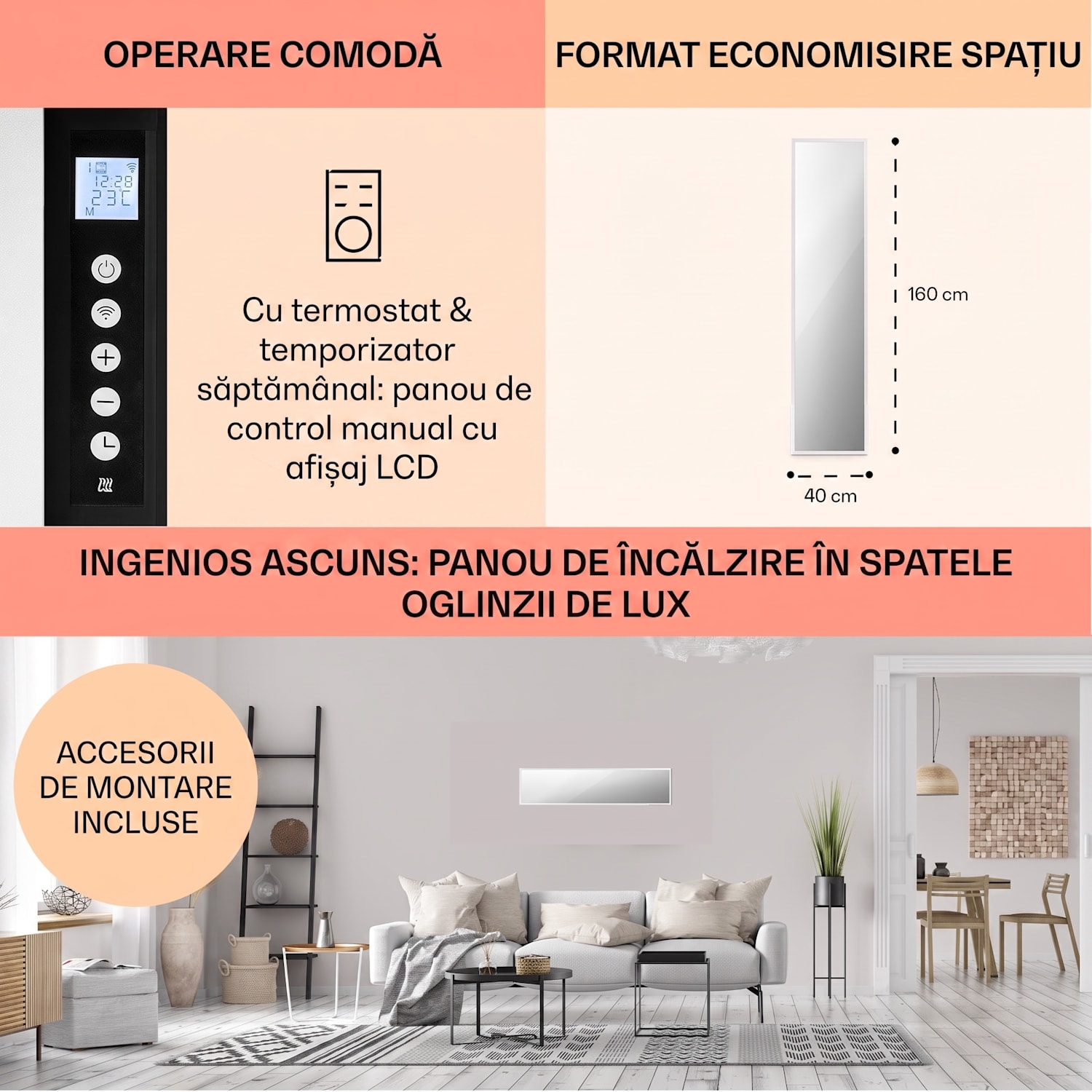 La Palma 900 smart, încălzitor, infraroșu, 40x160cm, 900W, partea frontală cu oglindă 40 x 160 cm | 900 W | Alb