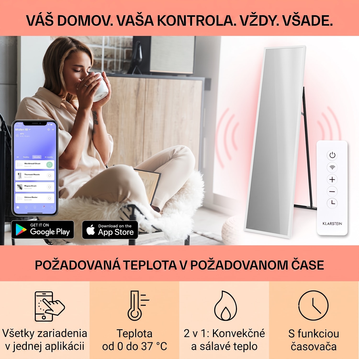 La Palma 900 smart, infračervený ohrievač, 40 x 160 cm, 900 W, zrkadlový stojan 40 x 160 cm | 900 W | Biela