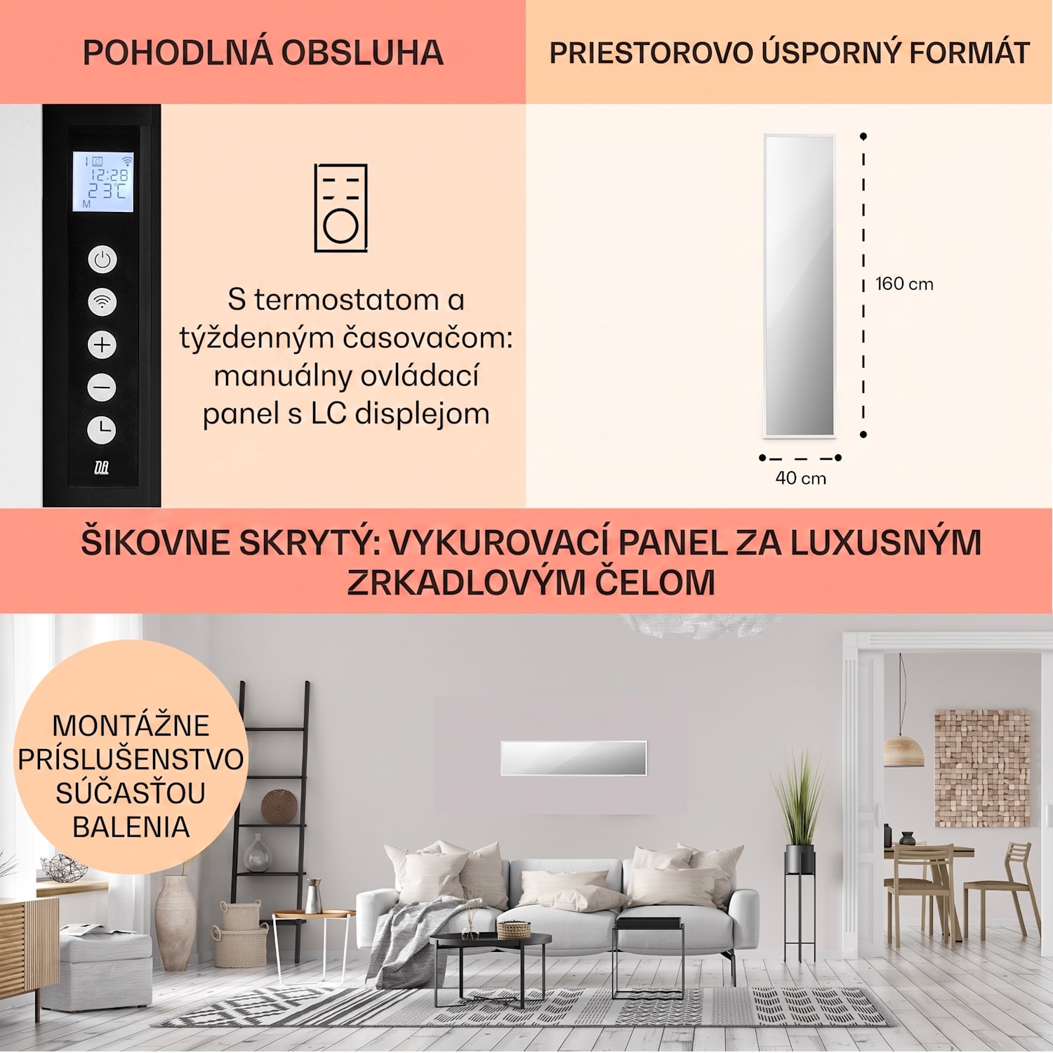 La Palma 900 smart, infračervený ohrievač, 40 x 160 cm, 900 W, zrkadlový stojan 40 x 160 cm | 900 W | Biela