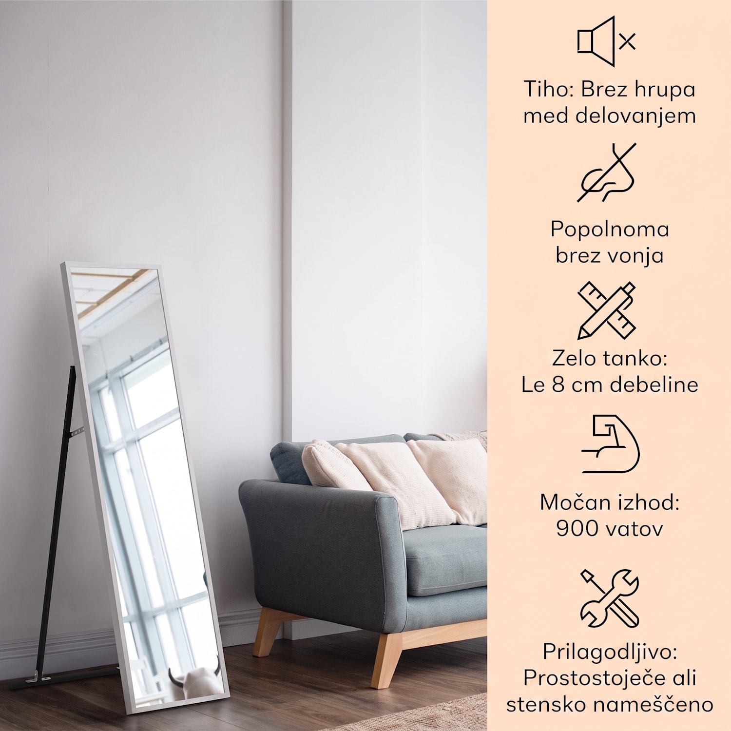 La Palma 900 smart, infrardeči grelnik, 40 x 160cm, 900W, stojalo za ogledalo 40 x 160 cm | 900 W | Bela