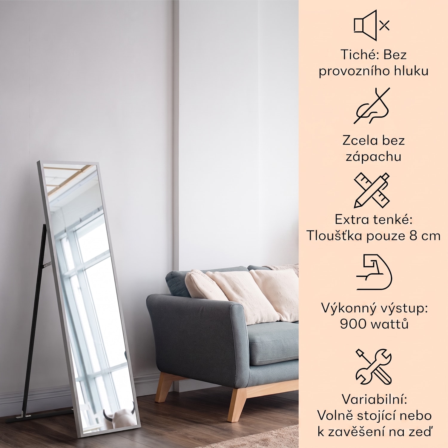 La Palma 900, infračervený ohřívač 2 v 1, smart, 40 x 160 cm, 900 W, zrcadlová přední strana 