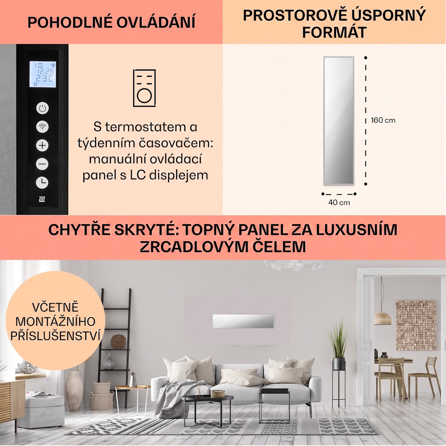 La Palma 900, infračervený ohřívač 2 v 1, smart, 40 x 160 cm, 900 W, zrcadlová přední strana 