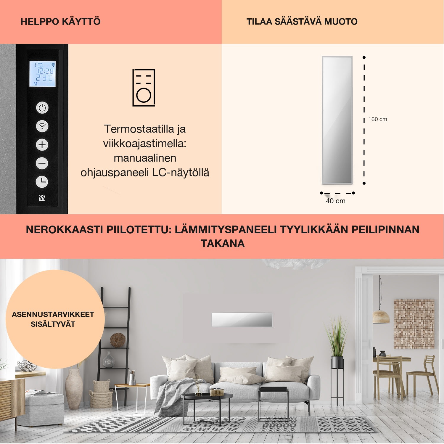 La Palma 900 smart -infrapunalämmitin konvektori 40x160cm 900W peili jalka 