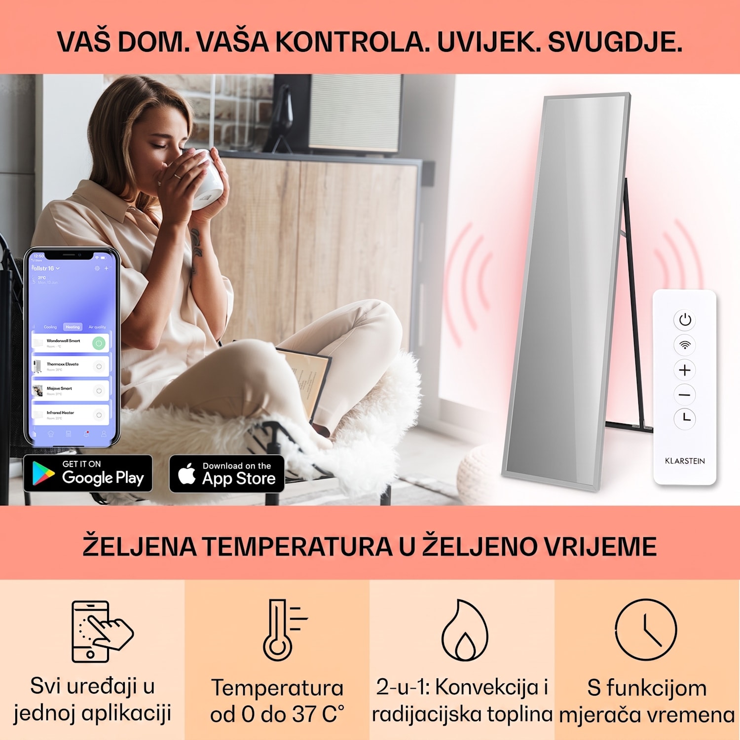 La Palma 900 pametni infracrveni grijač konvektor 40 x 160cm 900W stalak za ogledalo 