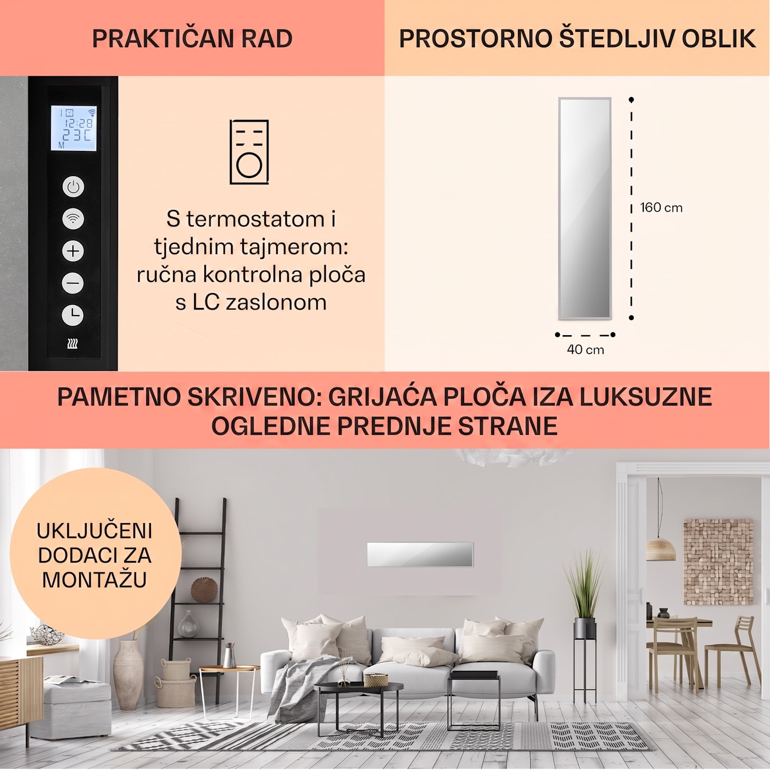 La Palma 900 pametni infracrveni grijač konvektor 40 x 160cm 900W stalak za ogledalo 