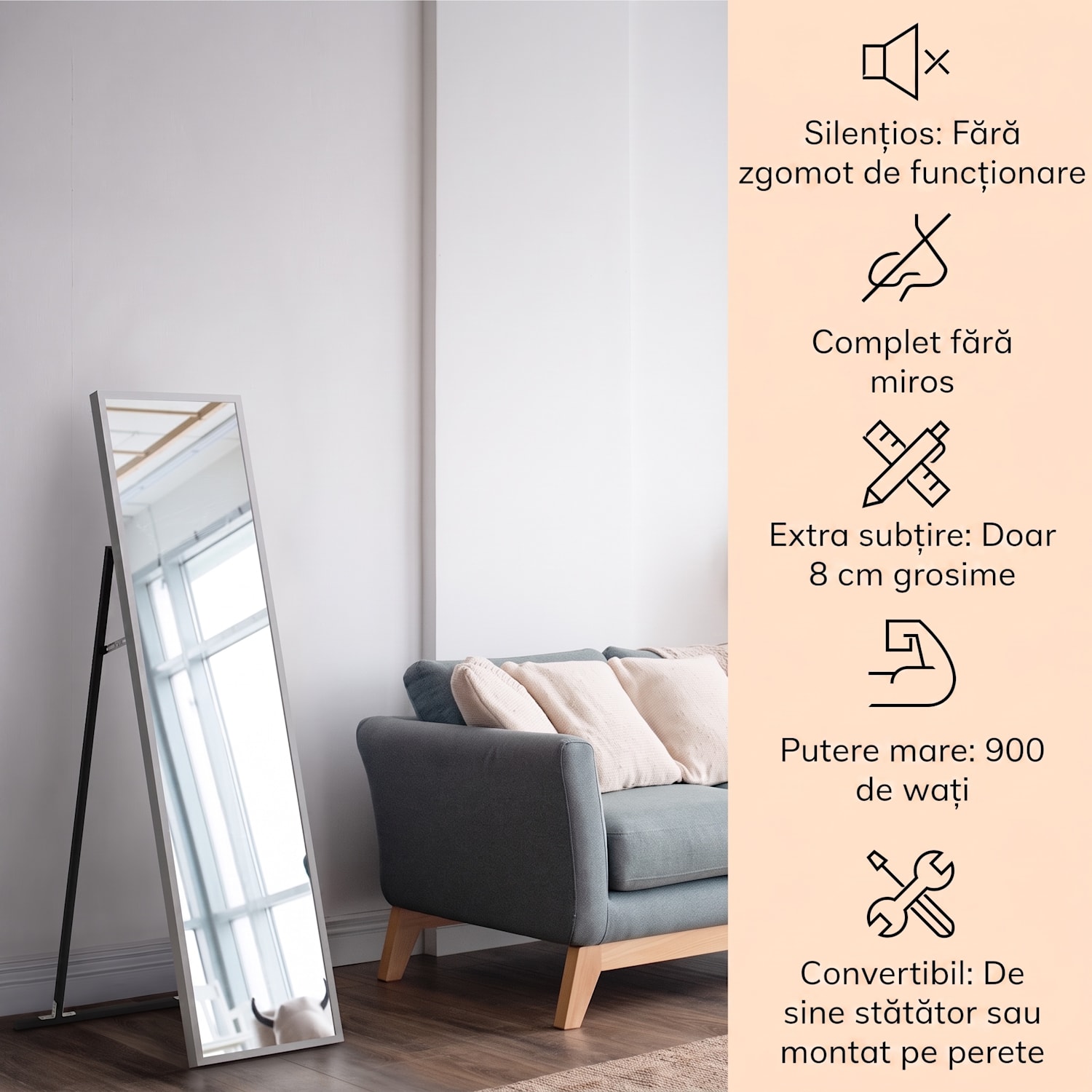 La Palma 900 smart, încălzitor, infraroșu, 40x160cm, 900W, partea frontală cu oglindă 