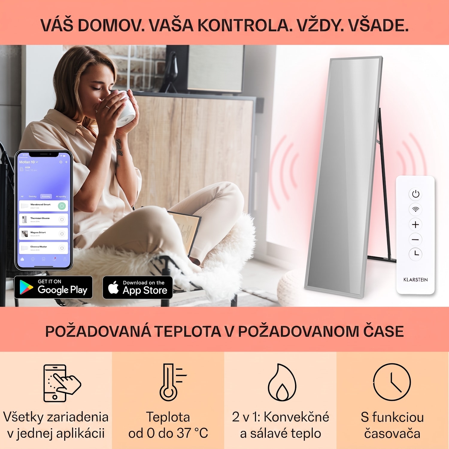 La Palma 900 smart, infračervený ohrievač, 40 x 160 cm, 900 W, zrkadlový stojan 