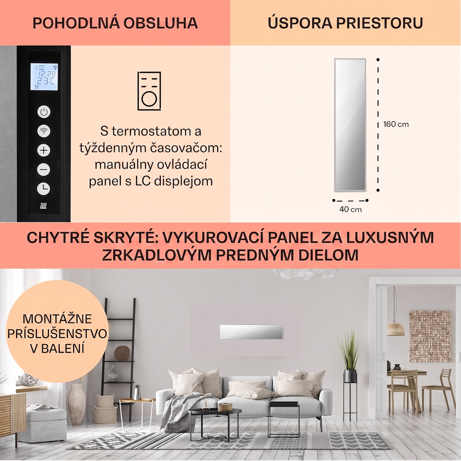 La Palma 900 smart, infračervený ohrievač, 40 x 160 cm, 900 W, zrkadlový stojan 
