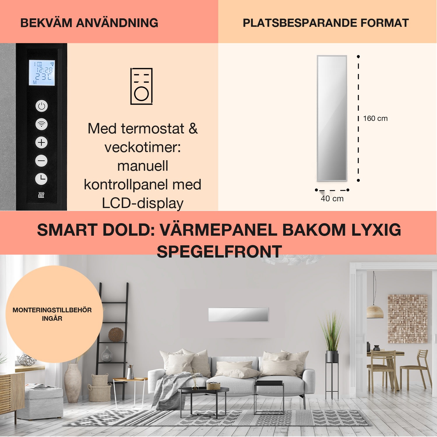 La Palma 900 smart infravärmare konvektor 40 x 160 cm 900 W spegel bas 40 x 160 cm | 900 W | Silver