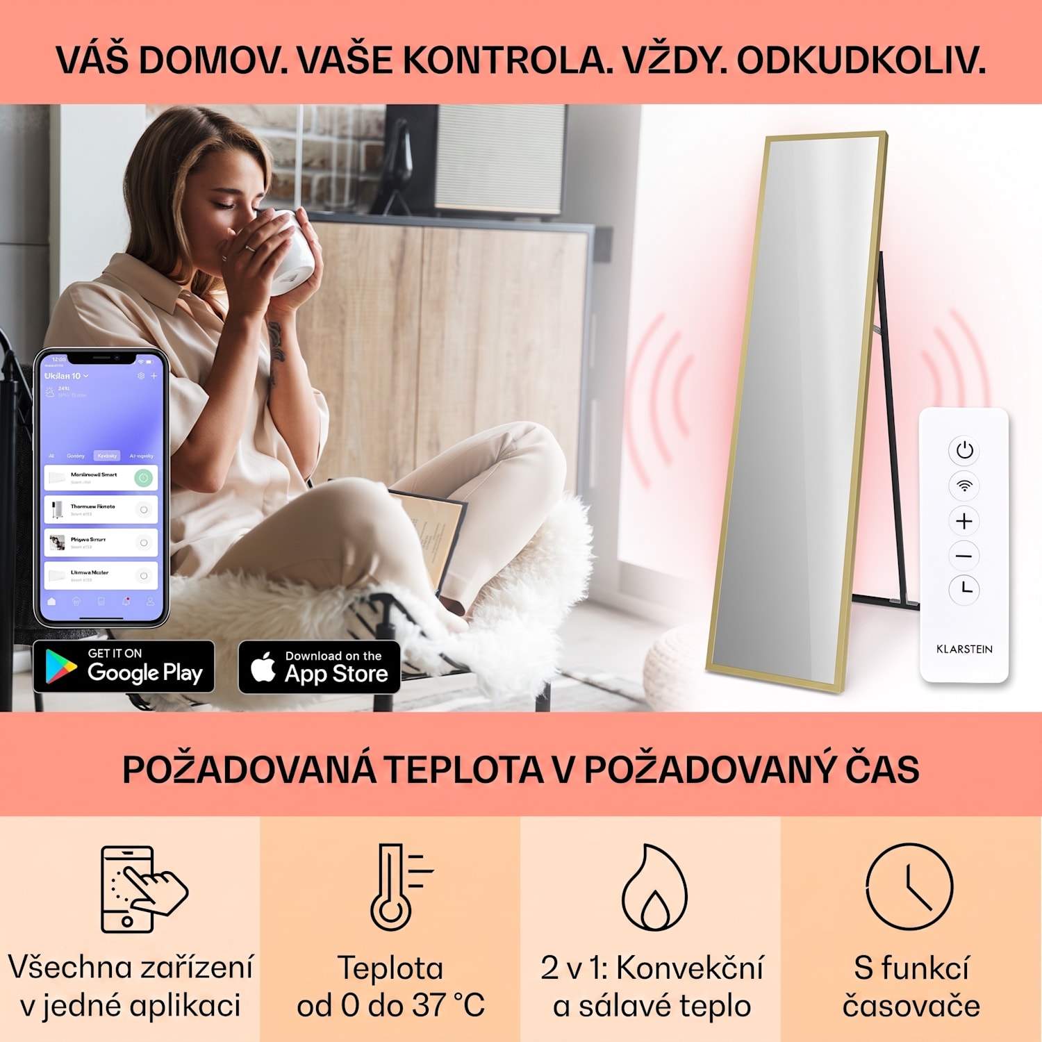 La Palma 900, infračervený ohřívač 2 v 1, smart, 40 x 160 cm, 900 W, zrcadlová přední strana 40 x 160 cm | 900 W | Zlatá