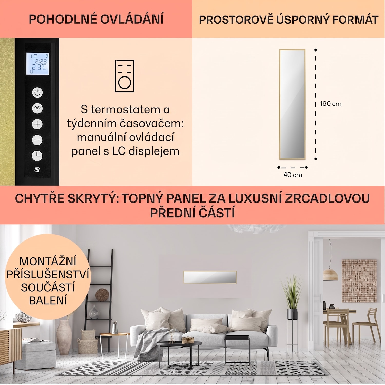 La Palma 900, infračervený ohřívač 2 v 1, smart, 40 x 160 cm, 900 W, zrcadlová přední strana 40 x 160 cm | 900 W | Zlatá