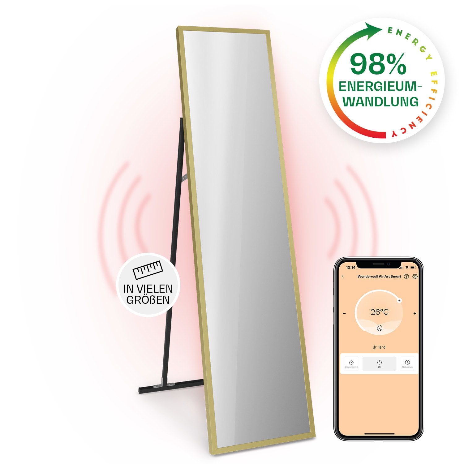 Radiatore a raggi infrarossi La Palma 900 smart Termoconvettore 40x160cm 900W Specchio Supporto alla base 40 x 160 cm | 900 W | Oro
