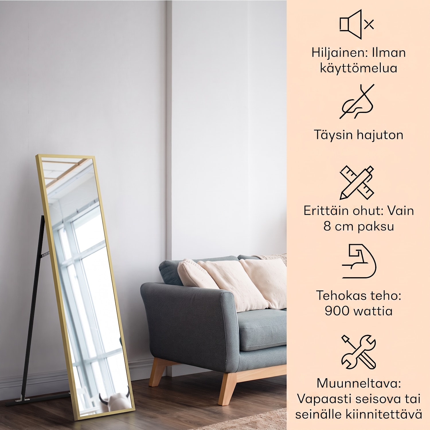 La Palma 900 smart -infrapunalämmitin konvektori 40x160cm 900W peili jalka 40 x 160 cm | 900 W | Kulta