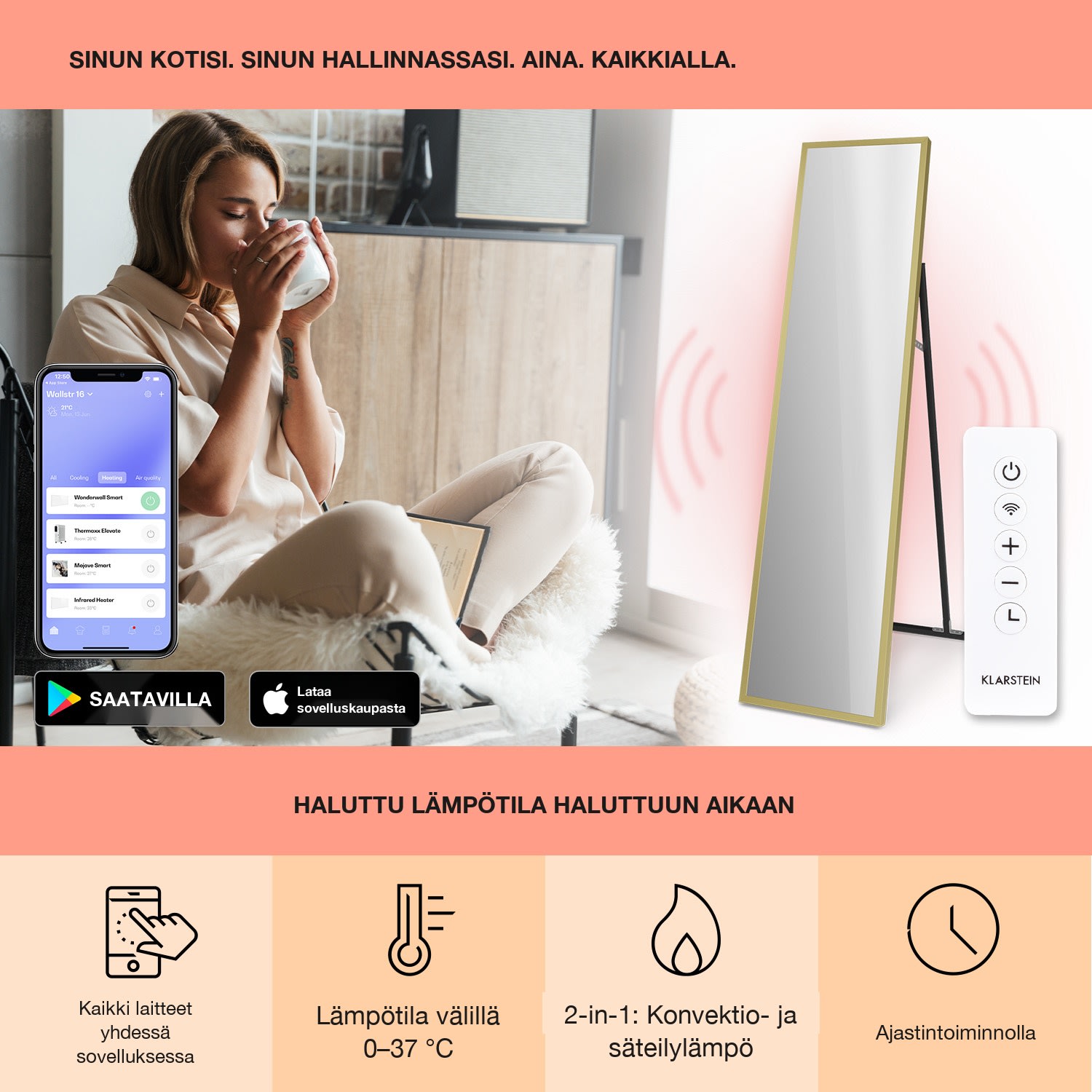 La Palma 900 smart -infrapunalämmitin konvektori 40x160cm 900W peili jalka 40 x 160 cm | 900 W | Kulta