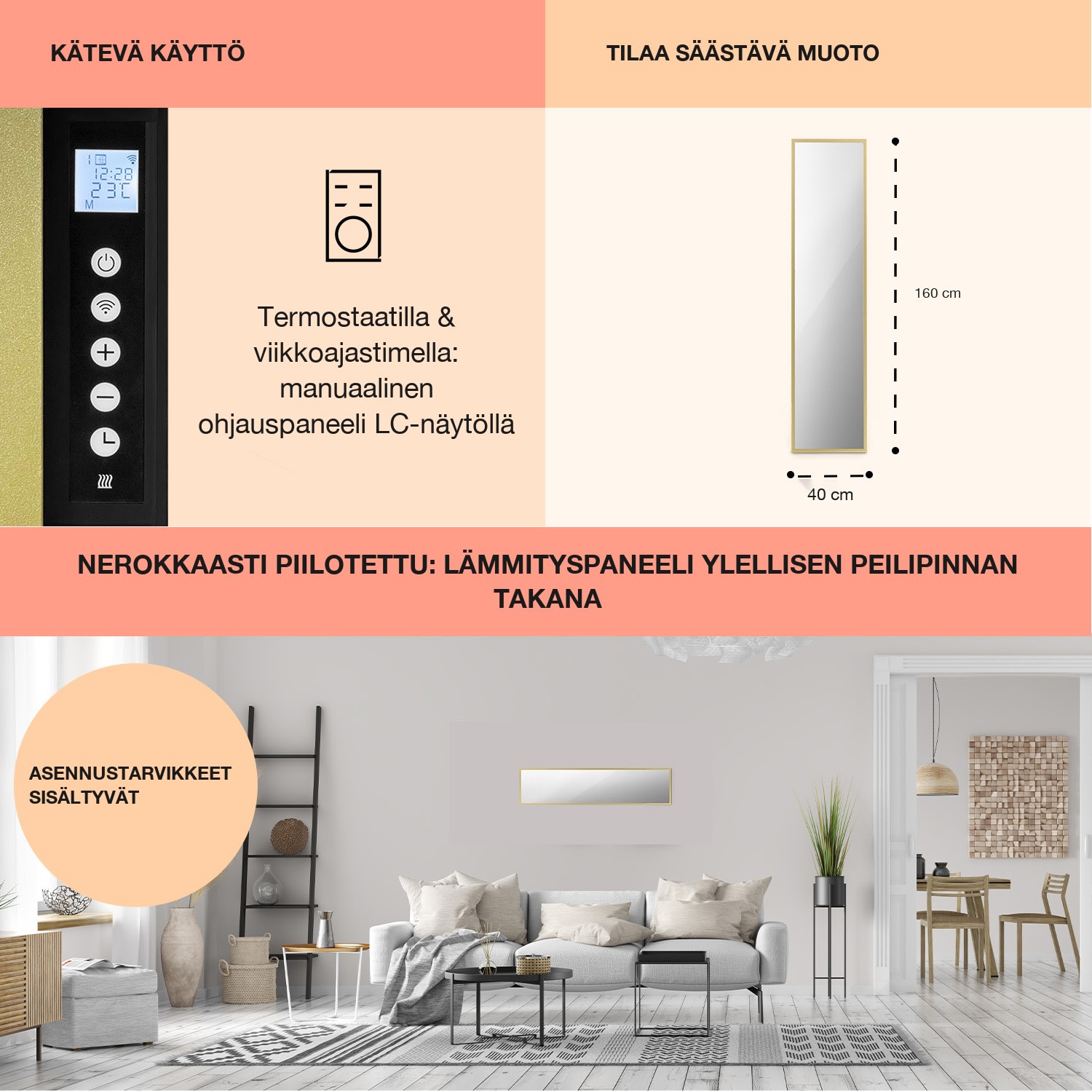 La Palma 900 smart -infrapunalämmitin konvektori 40x160cm 900W peili jalka 40 x 160 cm | 900 W | Kulta