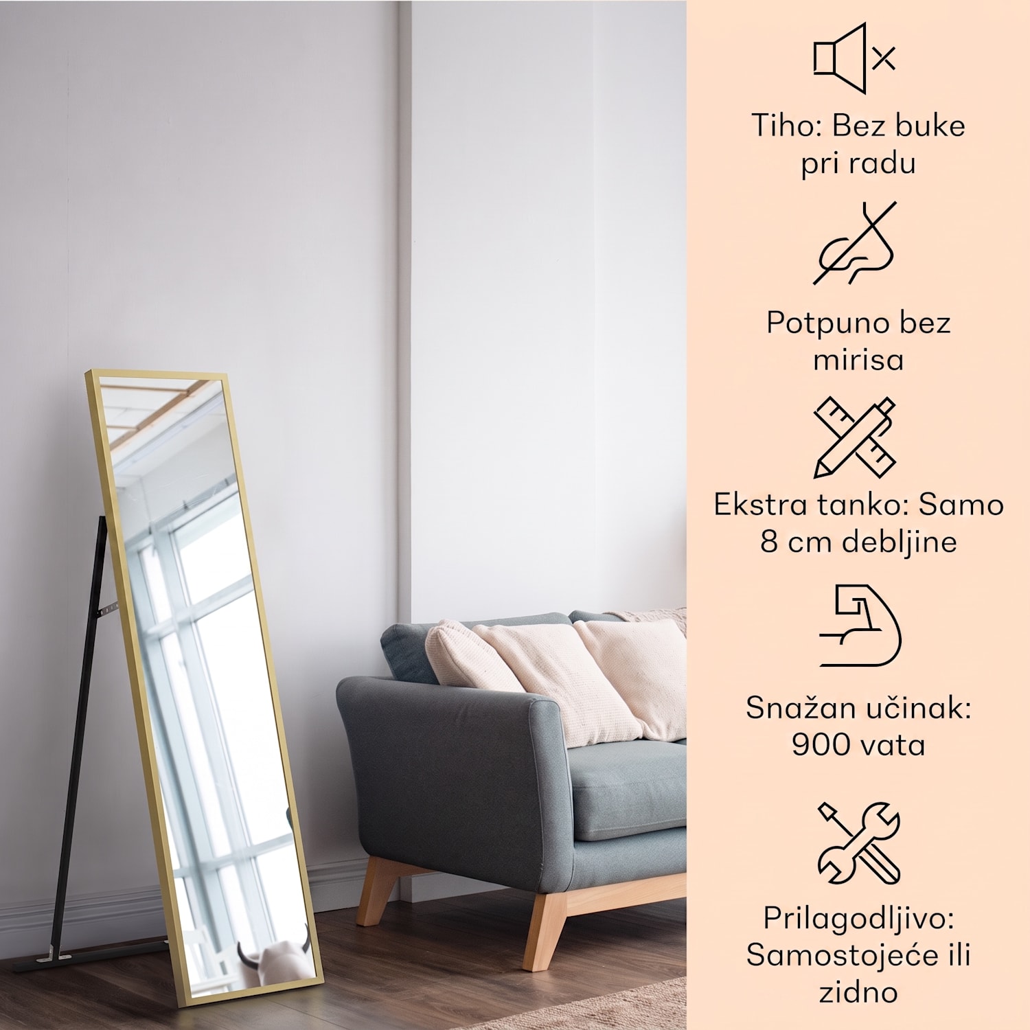 La Palma 900 pametni infracrveni grijač konvektor 40 x 160cm 900W stalak za ogledalo 40 x 160 cm | 900 W | Zlato