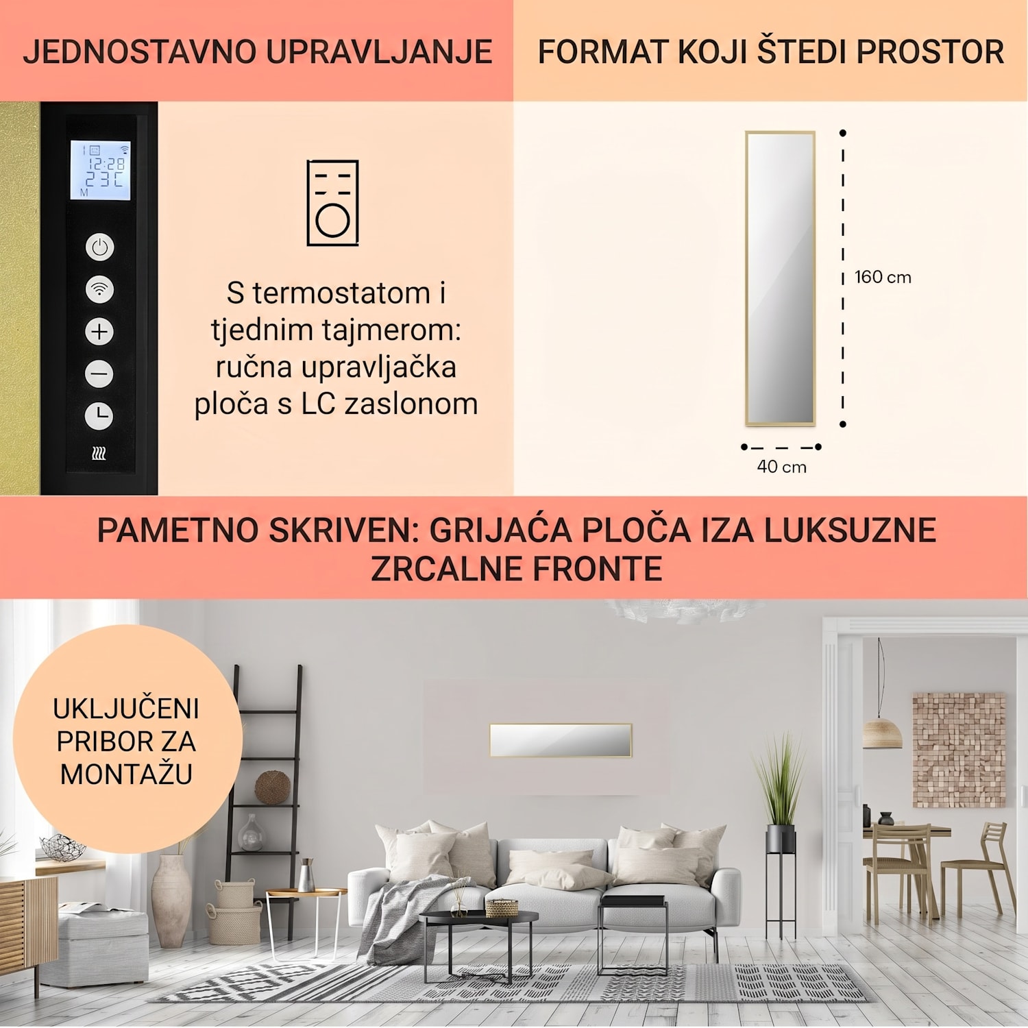 La Palma 900 pametni infracrveni grijač konvektor 40 x 160cm 900W stalak za ogledalo 40 x 160 cm | 900 W | Zlato