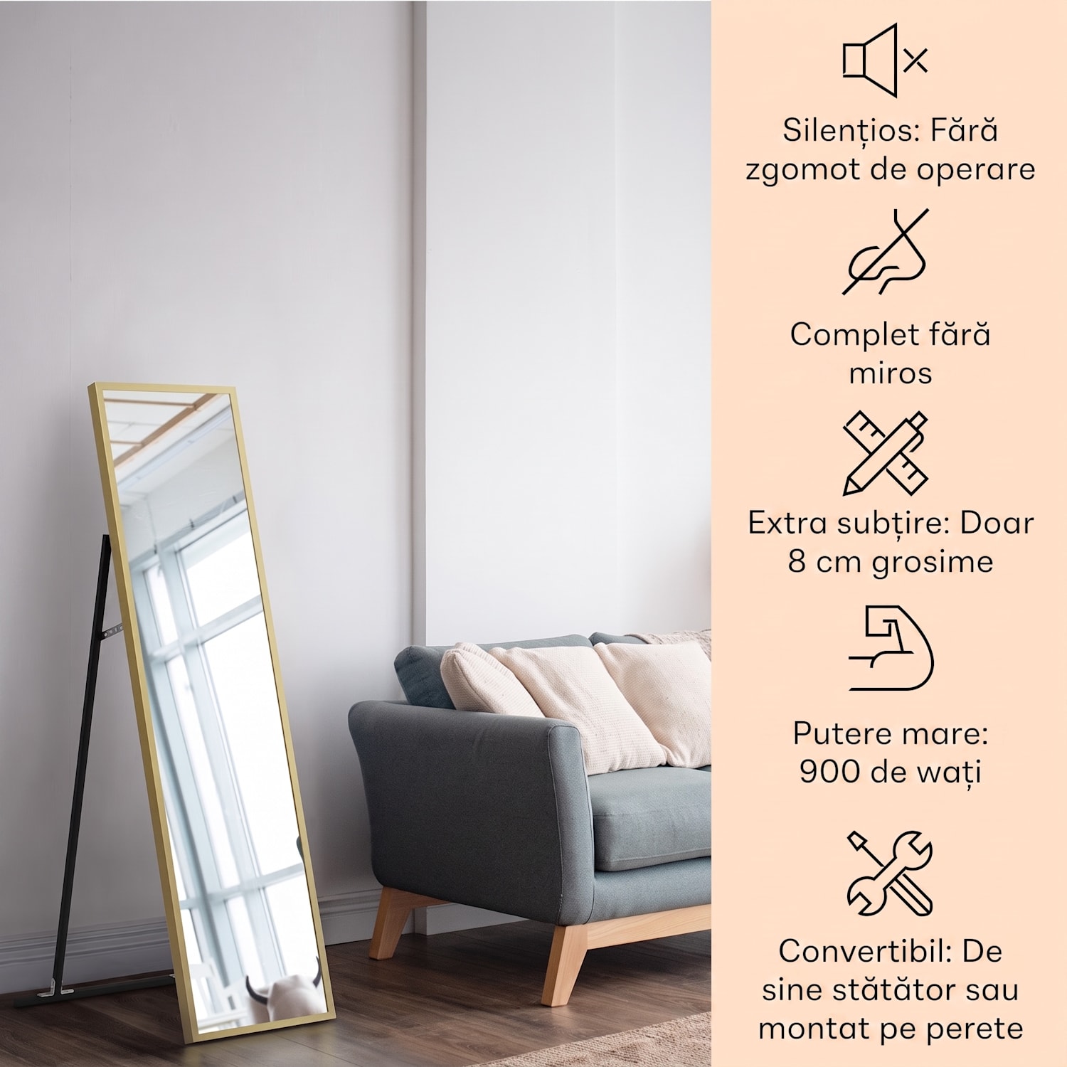La Palma 900 smart, încălzitor, infraroșu, 40x160cm, 900W, partea frontală cu oglindă 40 x 160 cm | 900 W | Aur