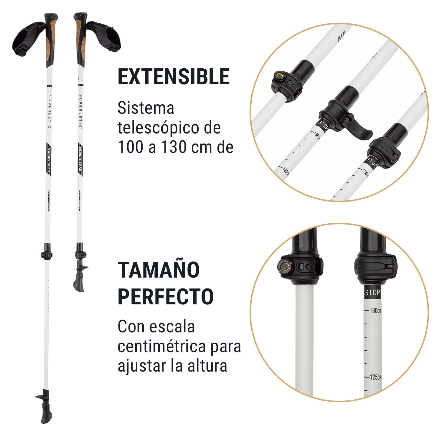 Pau TX Professional Bastones de marcha nórdica 50 % carbono 100-130 cm Asas de corcho  Blanco / negro