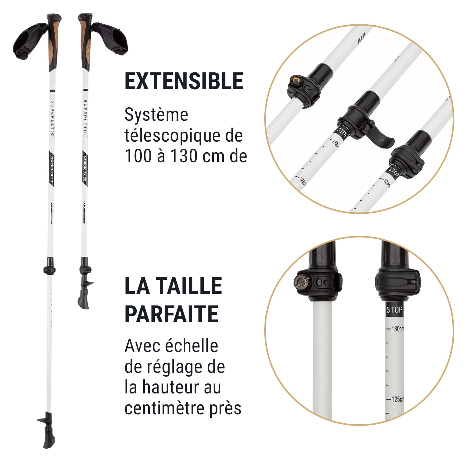 Pau TX Professional Bâtons de marche nordique 50 % carbone 100-130 cm poignées en liège  Blanc / noir