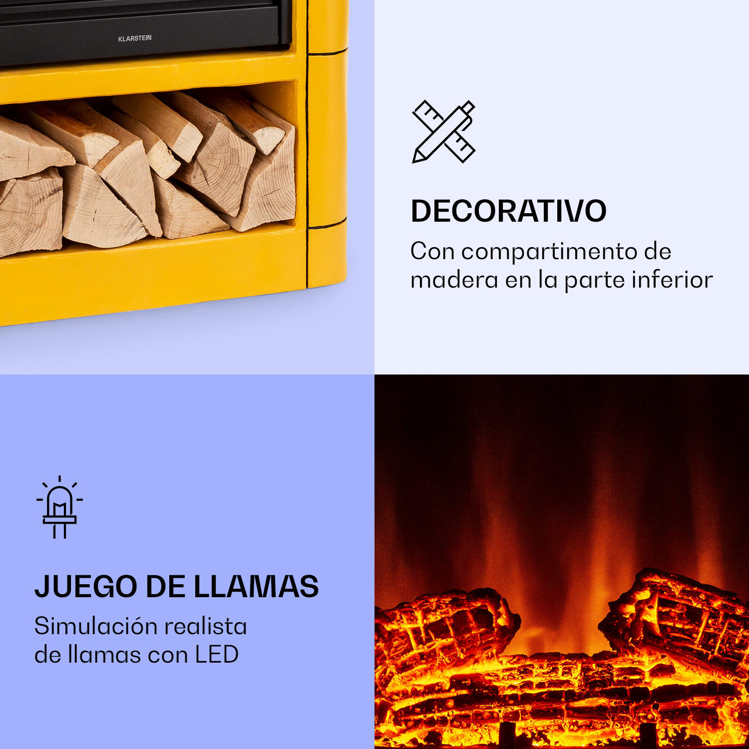 Dukono Chimenea eléctrica 1800 W Llamas led Calefactor ventilador Temporizador Compartimento de madera Amarillo