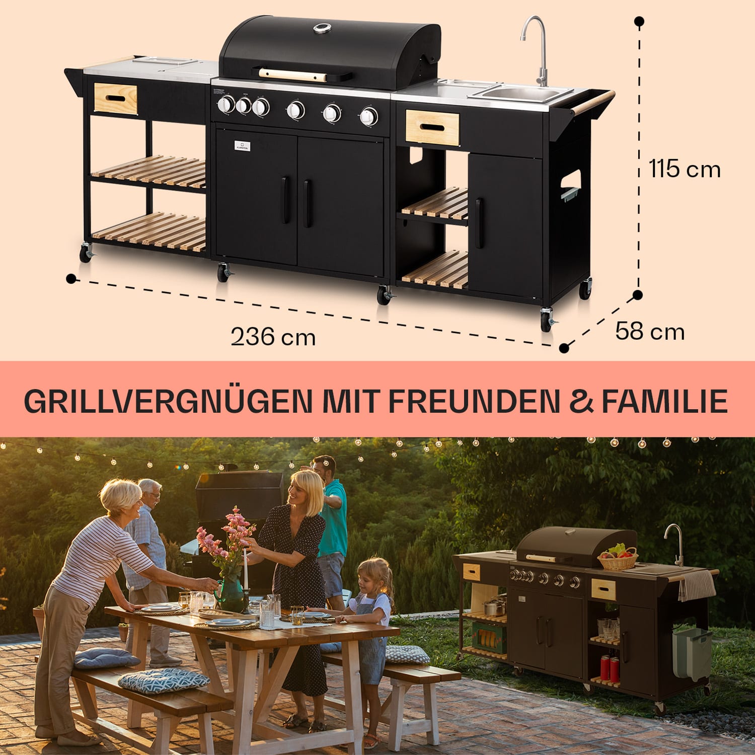 Jersey Outdoor Kitchen Gasgrill Spüle 20,7 kW 5+1 Brenner mobil 