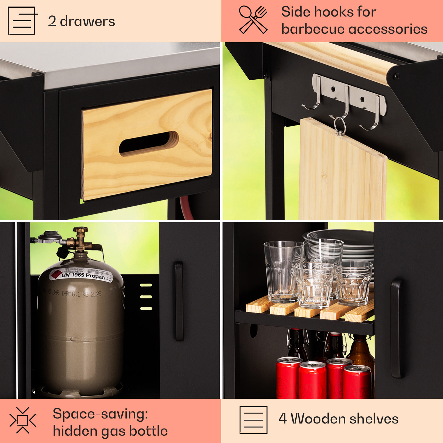 Jersey outdoor kitchen met gasbarbecue en spoelbak 20,7 kW 5+1 branders mobiel 