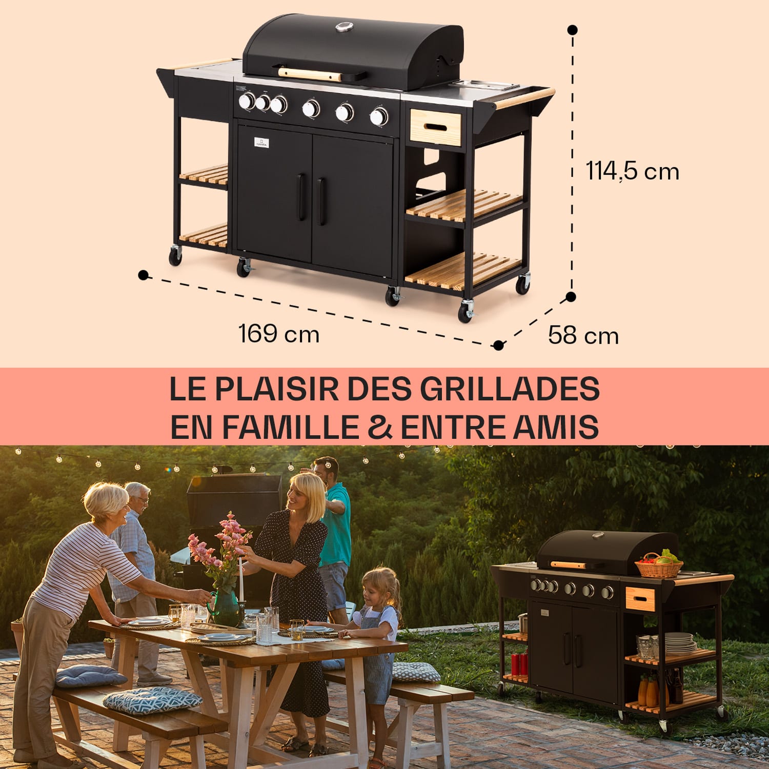 Jersey cuisine d'extérieur avec barbecue à gaz 20,7 kW 5+1 brûleurs mobile housse de pluie 