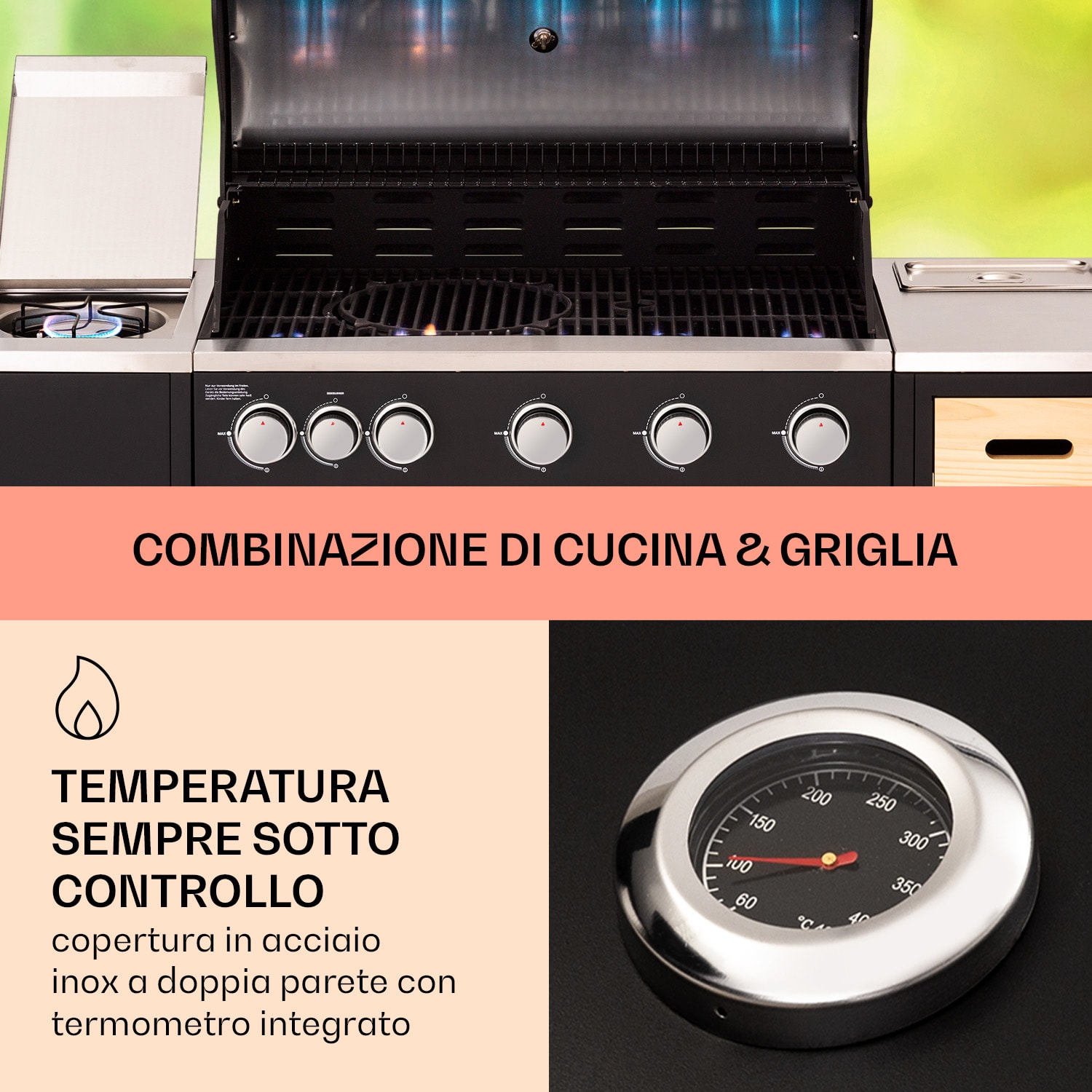 Jersey - Cucina da esterno con griglia a gas, 20,7 kW, 5+1 bruciatori, mobile, parapioggia 