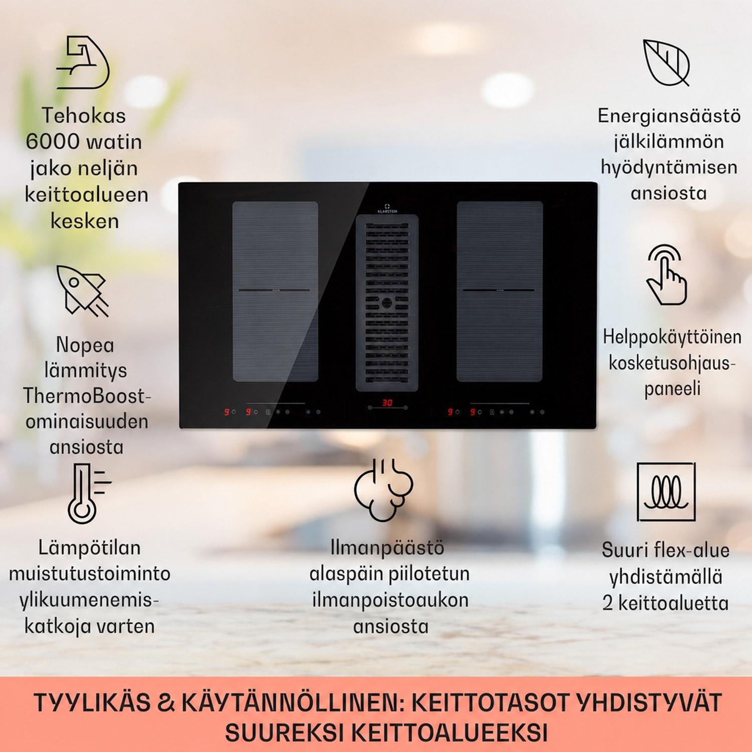 Full House Down Air System induktioliesi + liesituuletin 481 m³/h energiatehokkuusluokka A+ 88 cm | Musta