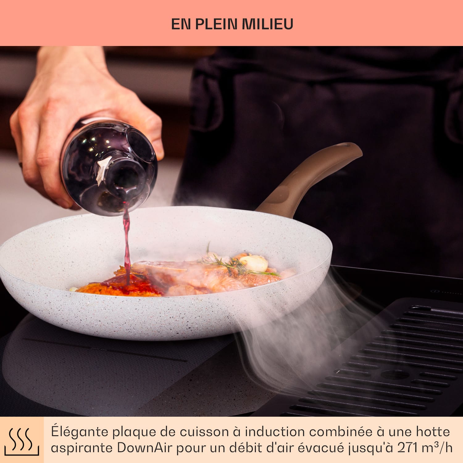 Full House Down Air System cuisinière à induction + hotte aspirante 477 m³/h classe A+ 88 cm | Noir