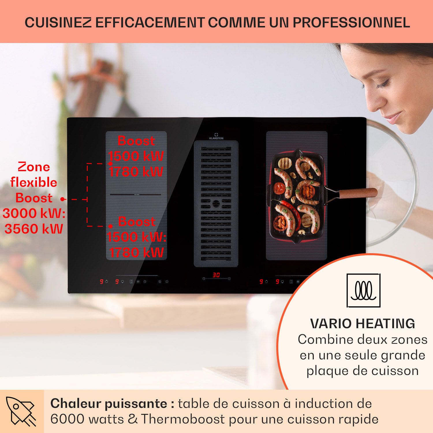 Full House Down Air System cuisinière à induction + hotte aspirante 477 m³/h classe A+ 88 cm | Noir