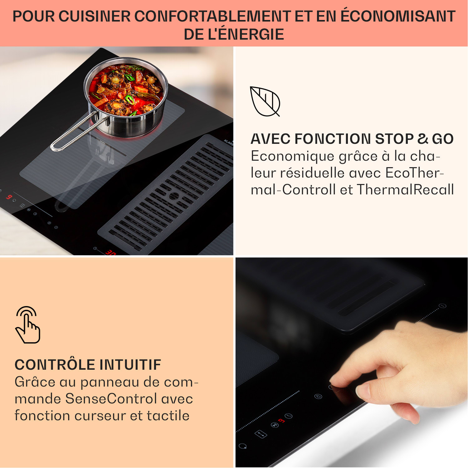 Full House Down Air System cuisinière à induction + hotte aspirante 477 m³/h classe A+ 88 cm | Noir