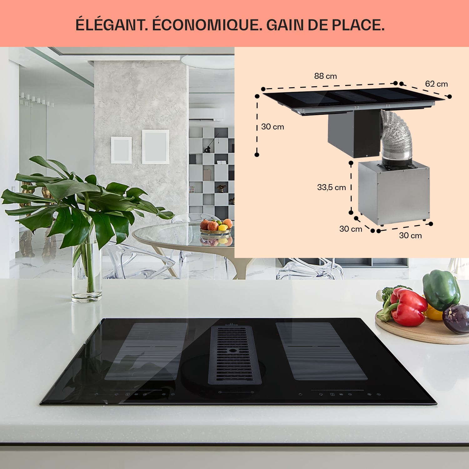 Full House Down Air System cuisinière à induction + hotte aspirante 477 m³/h classe A+ 88 cm | Noir