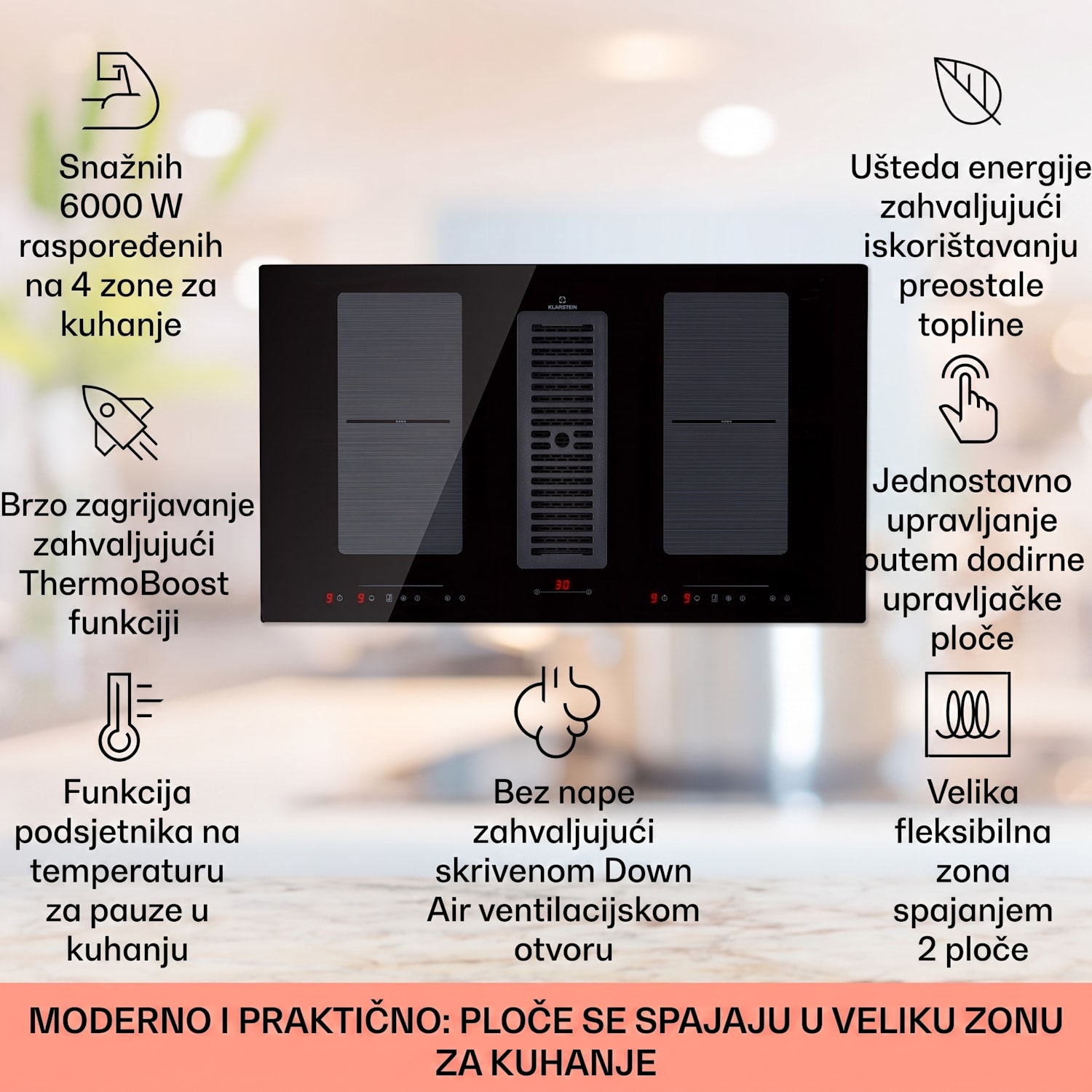 Full House Down Air System, indukcijsko kuhalo + odvod pare, 477 m³/h, razred energetske učinkovitosti A 88 cm | Crna
