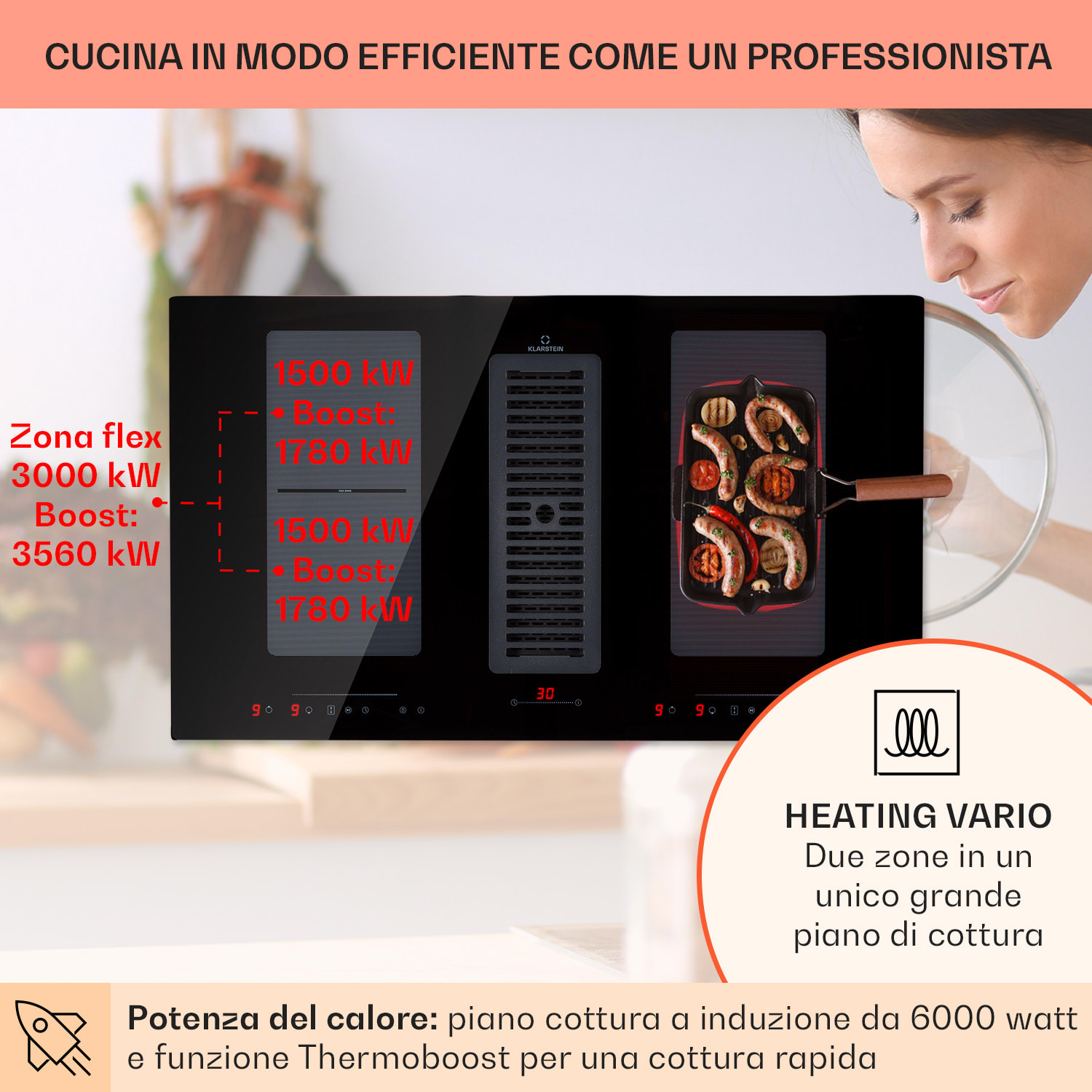 Full House - Impianto Down Air con piano a induzione e cappa aspirante, 477 m³/h, classe energetica A+ 