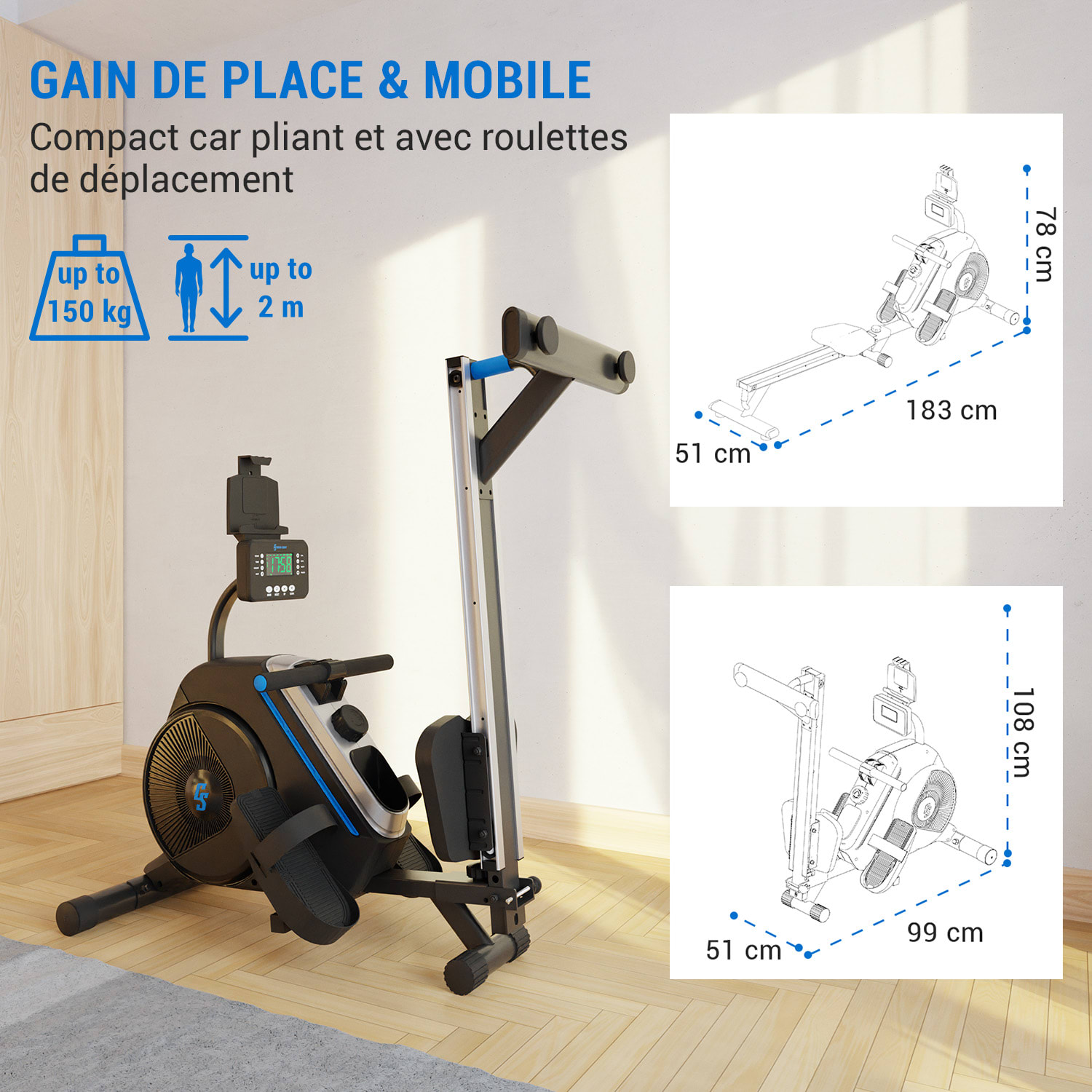 Rameur magnétique Helios Ecran LED 8 niveaux aluminium 