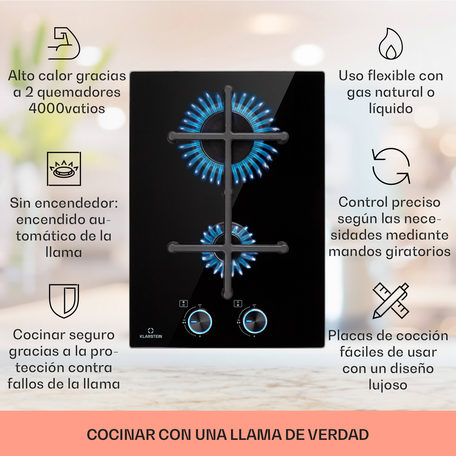 Illuminosa Domino Placa de gas 2 quemadores Sabaf vitrocerámica  