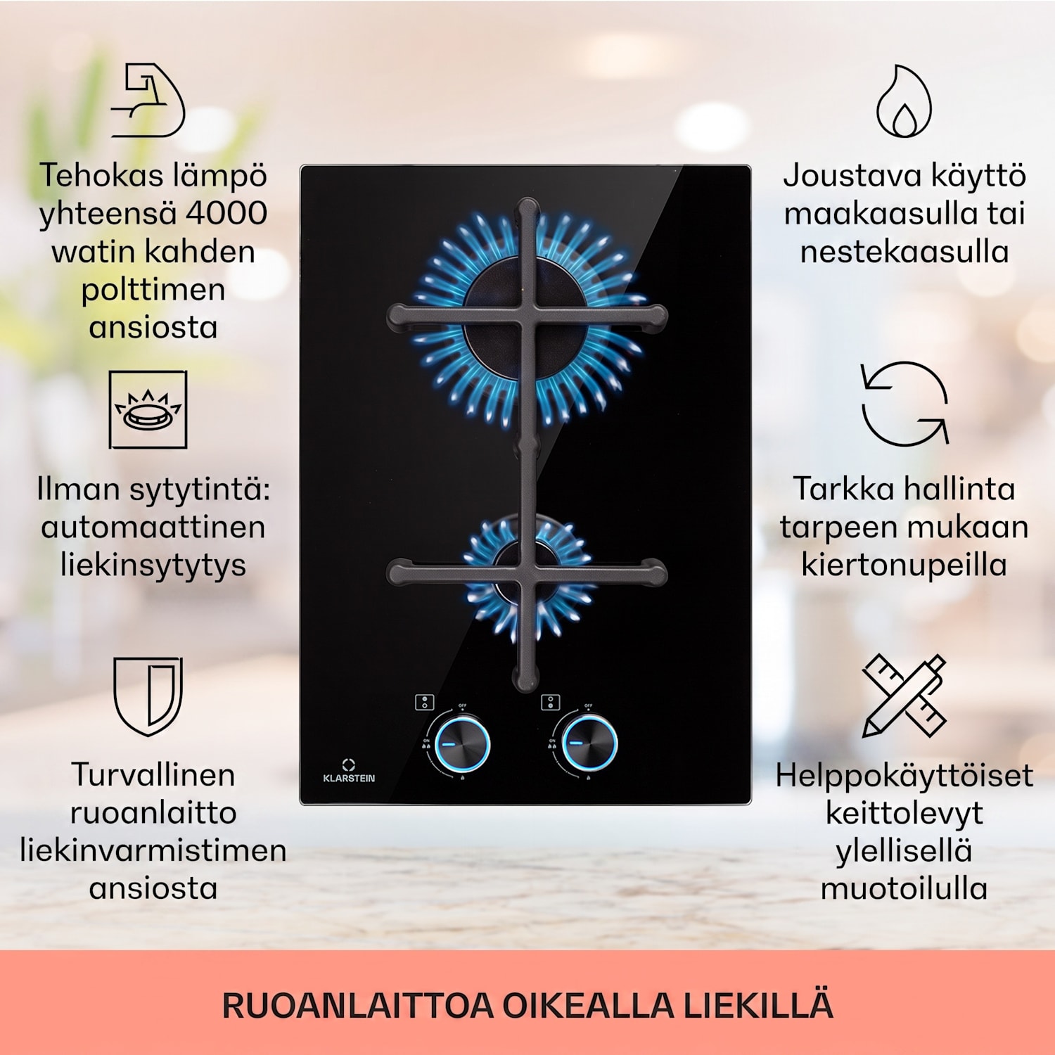 Illuminosa Domino kaasuliesi 2-liekkinen Sabaf-poltin keraaminen 30 cm | Lasi | Musta