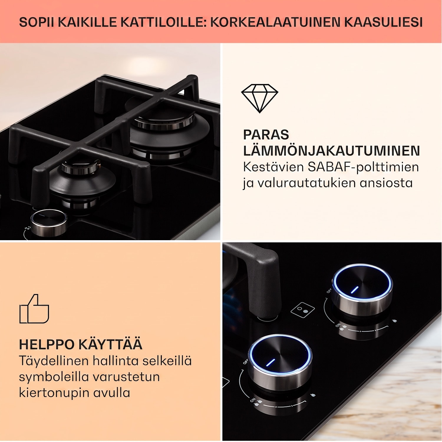 Illuminosa Domino kaasuliesi 2-liekkinen Sabaf-poltin keraaminen 30 cm | Lasi | Musta