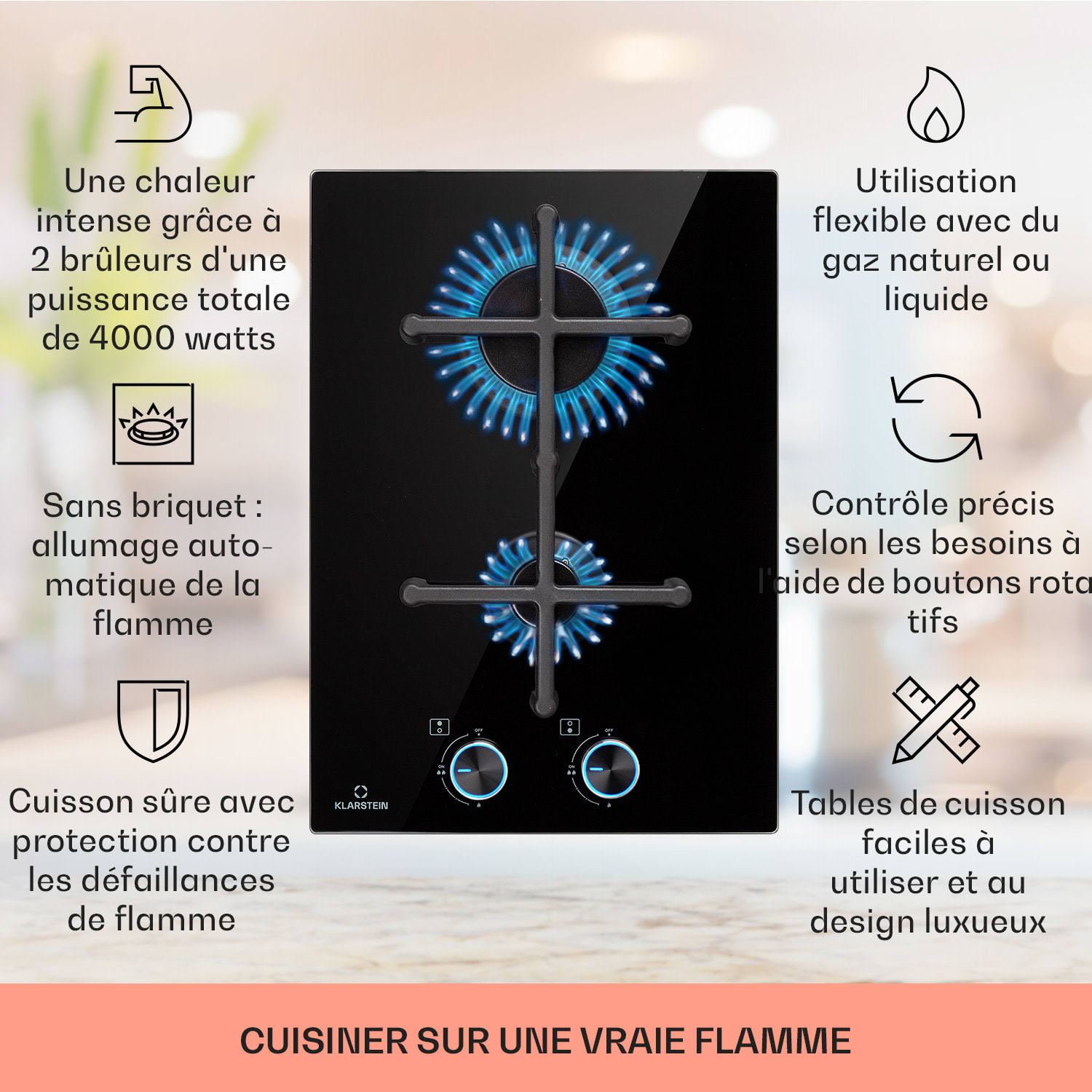 Illuminosa Domino gaskookplaat 2-pits Sabaf branders glaskeramiek  30 cm | Glas | Zwart