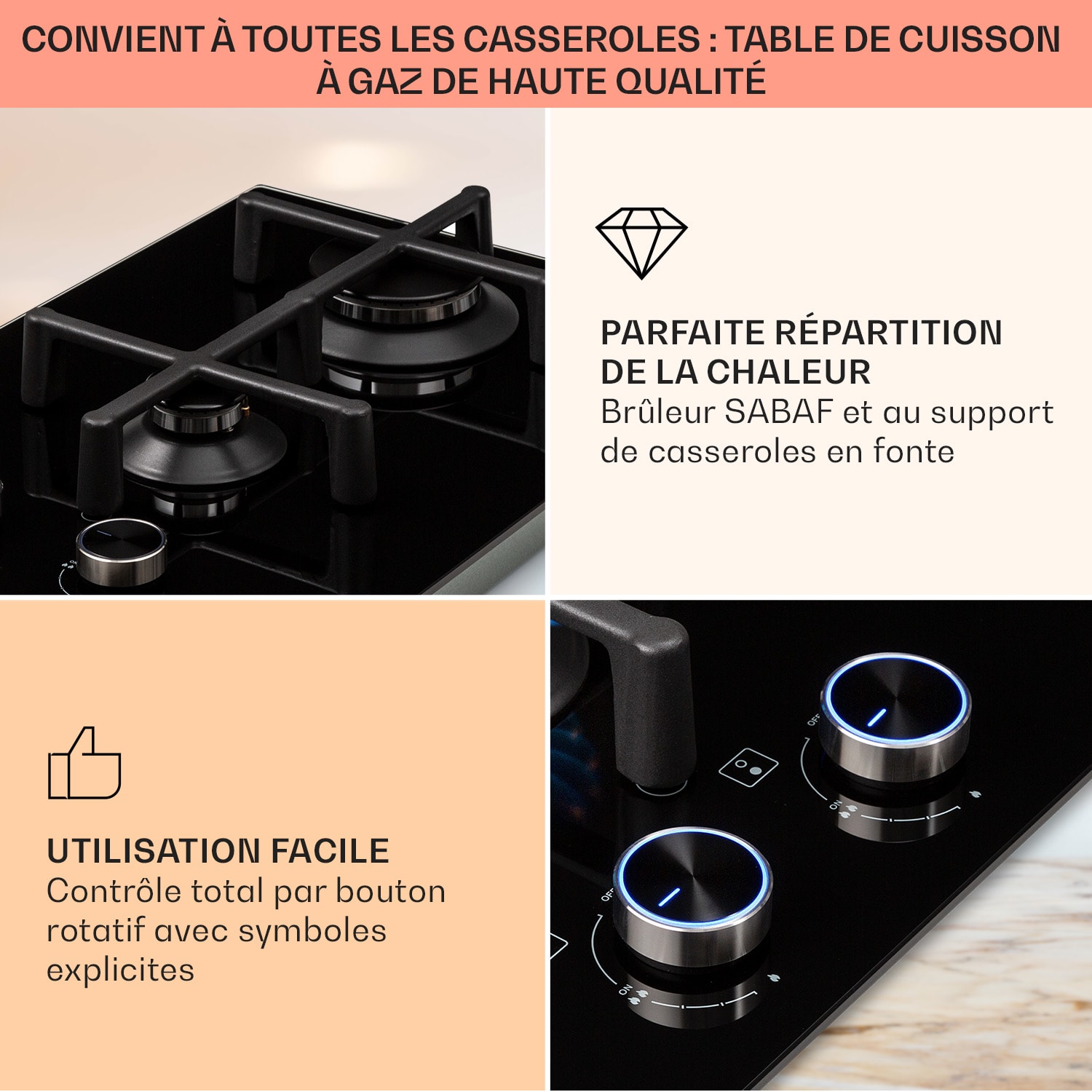 Illuminosa Domino gaskookplaat 2-pits Sabaf branders glaskeramiek  30 cm | Glas | Zwart