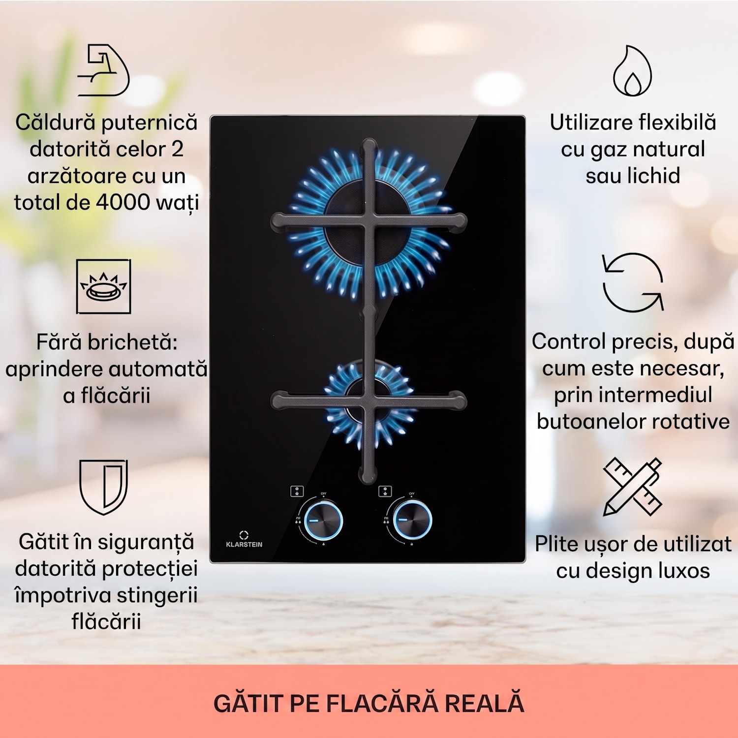 Illuminosa Domino Plită pe gaz, 2 arzătoare, arzătoare sabaf, suprafață din sticlă ceramică 30 cm | Sticlă | Negru
