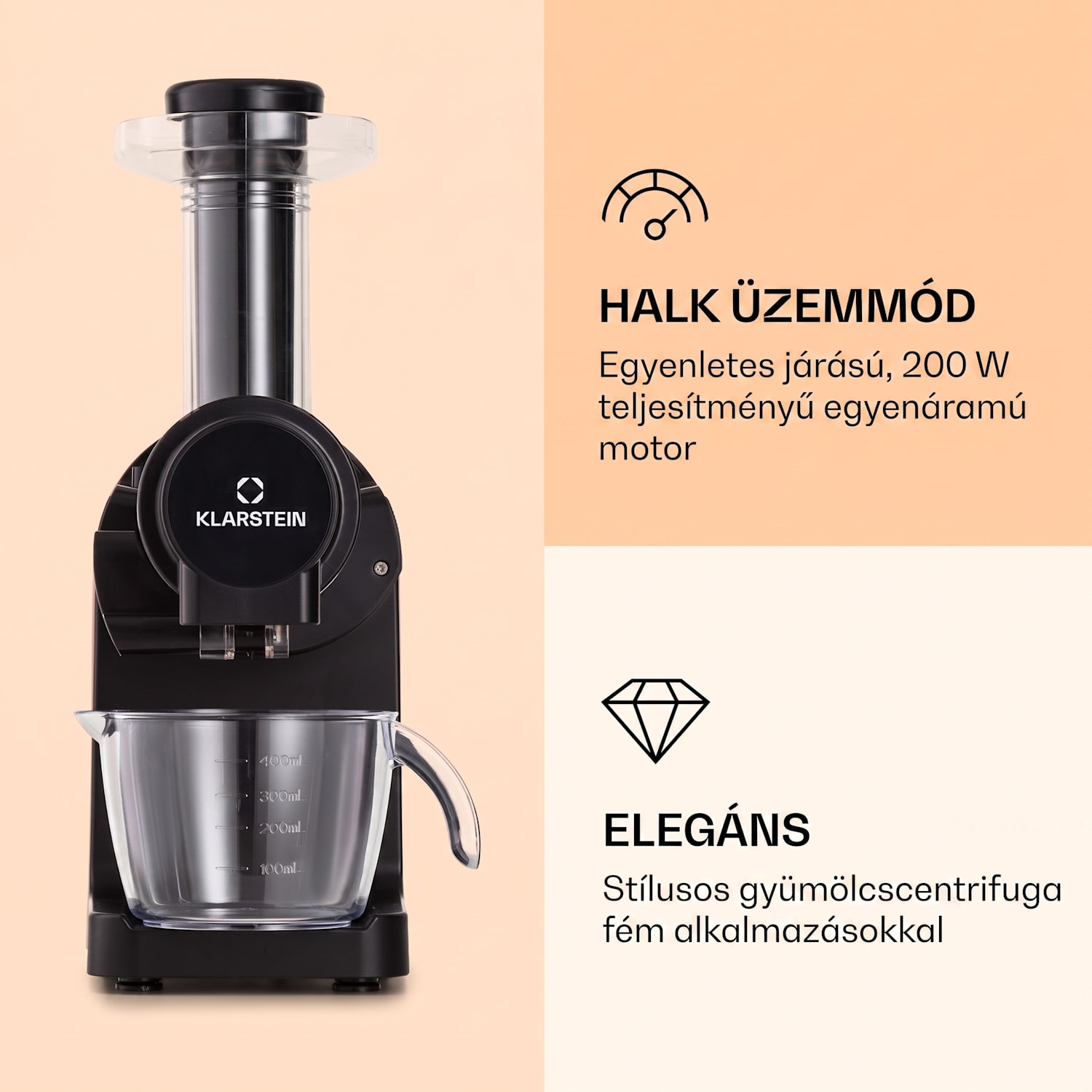 Bella Elegance, gyümölcscentrifuga, 200 W, 400 ml, BPA mentes Fekete