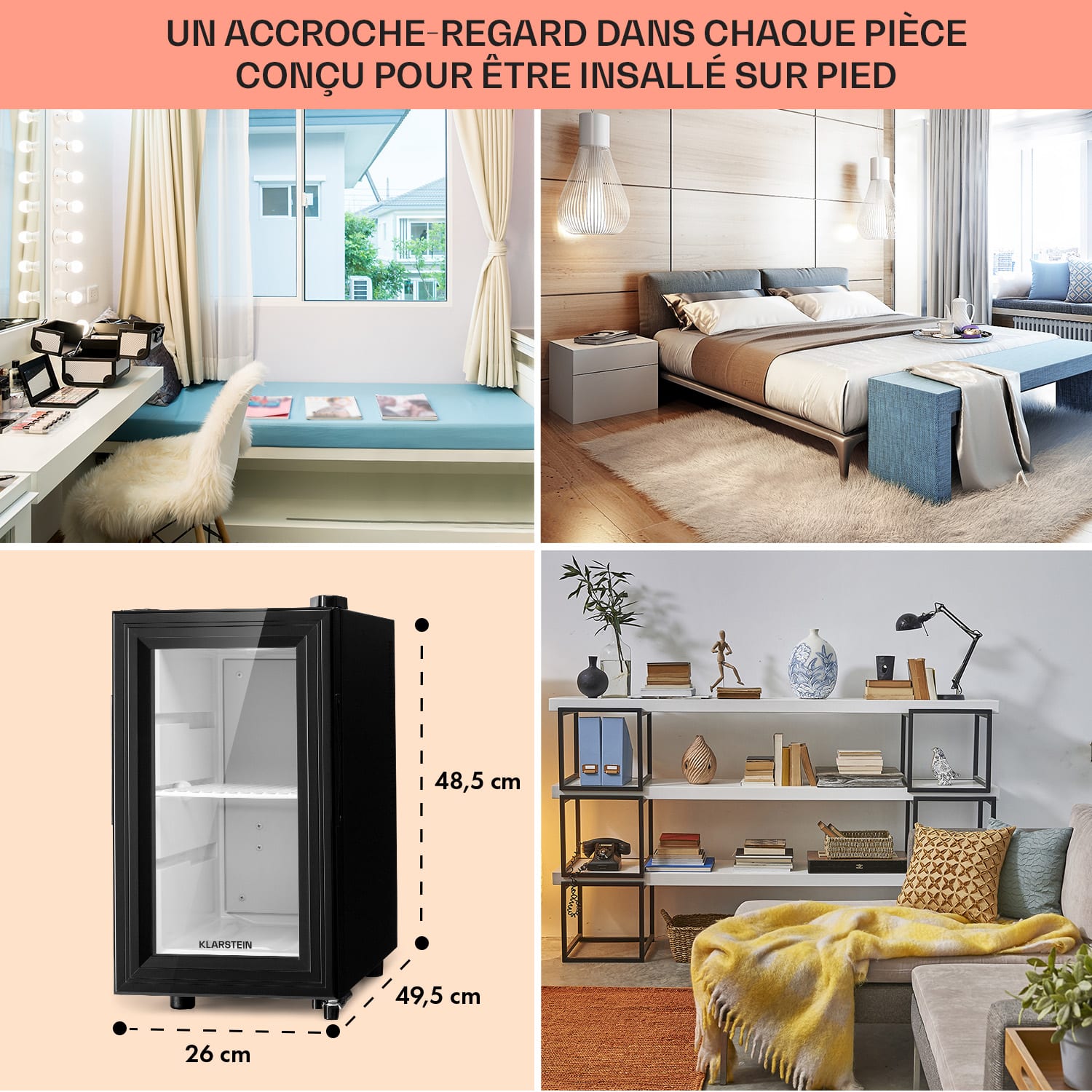 Brooklyn 23 Slim Réfrigérateur LED clayette en plastique Porte vitrée