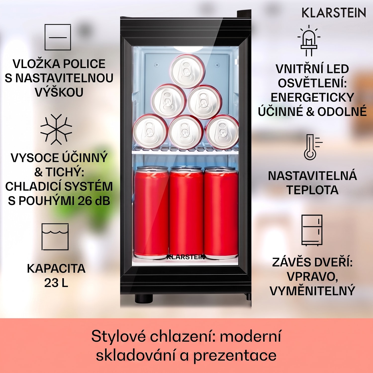 Brooklyn 23 Slim, lednice, LED, plastová vložka, skleněné dveře 23 L | Černá