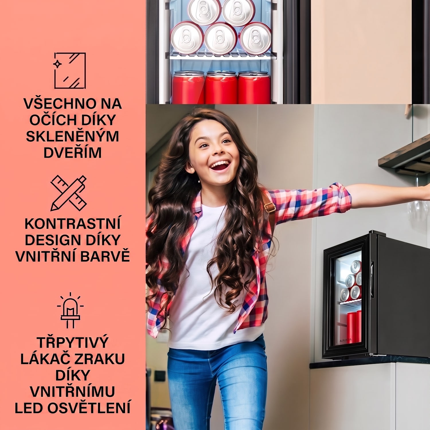 Brooklyn 23 Slim, lednice, LED, plastová vložka, skleněné dveře 23 L | Černá