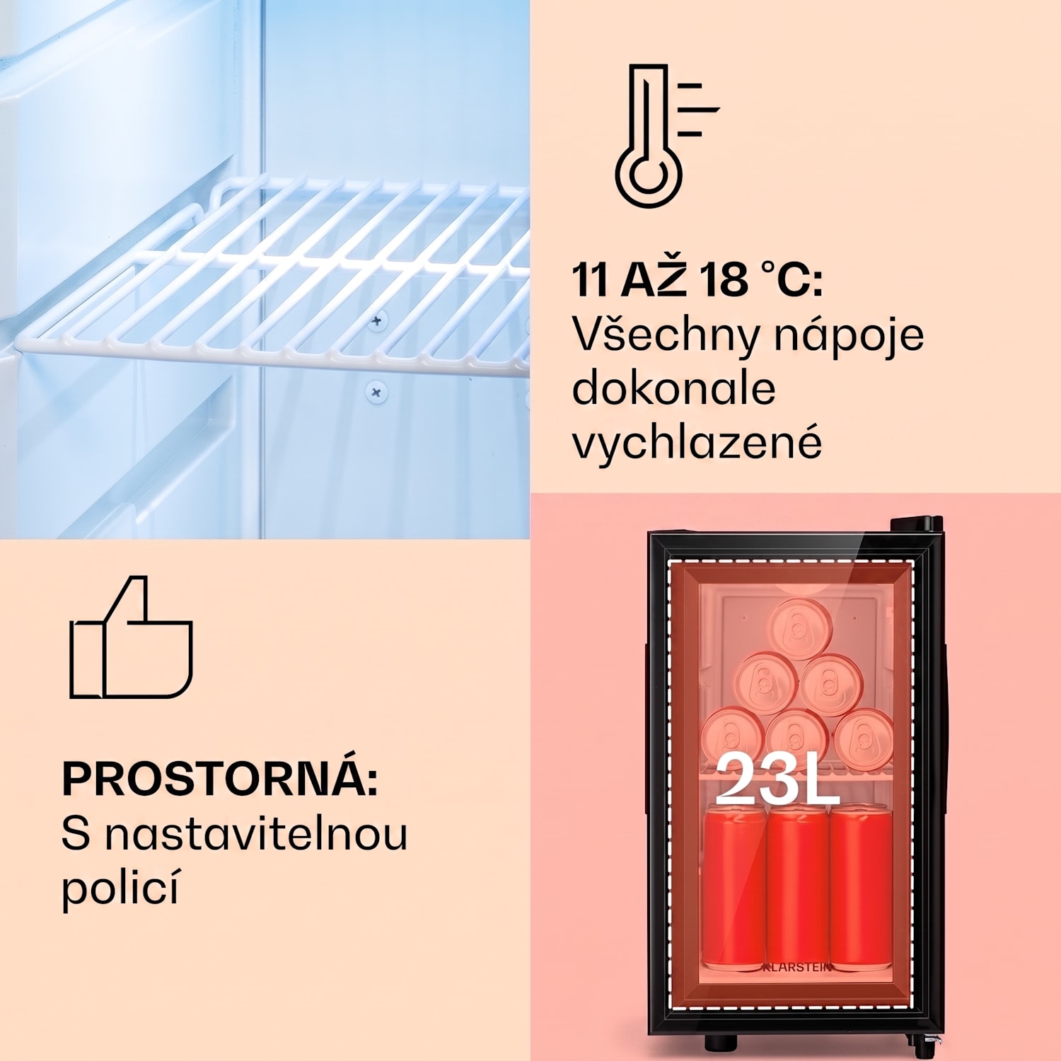 Brooklyn 23 Slim, lednice, LED, plastová vložka, skleněné dveře 23 L | Černá