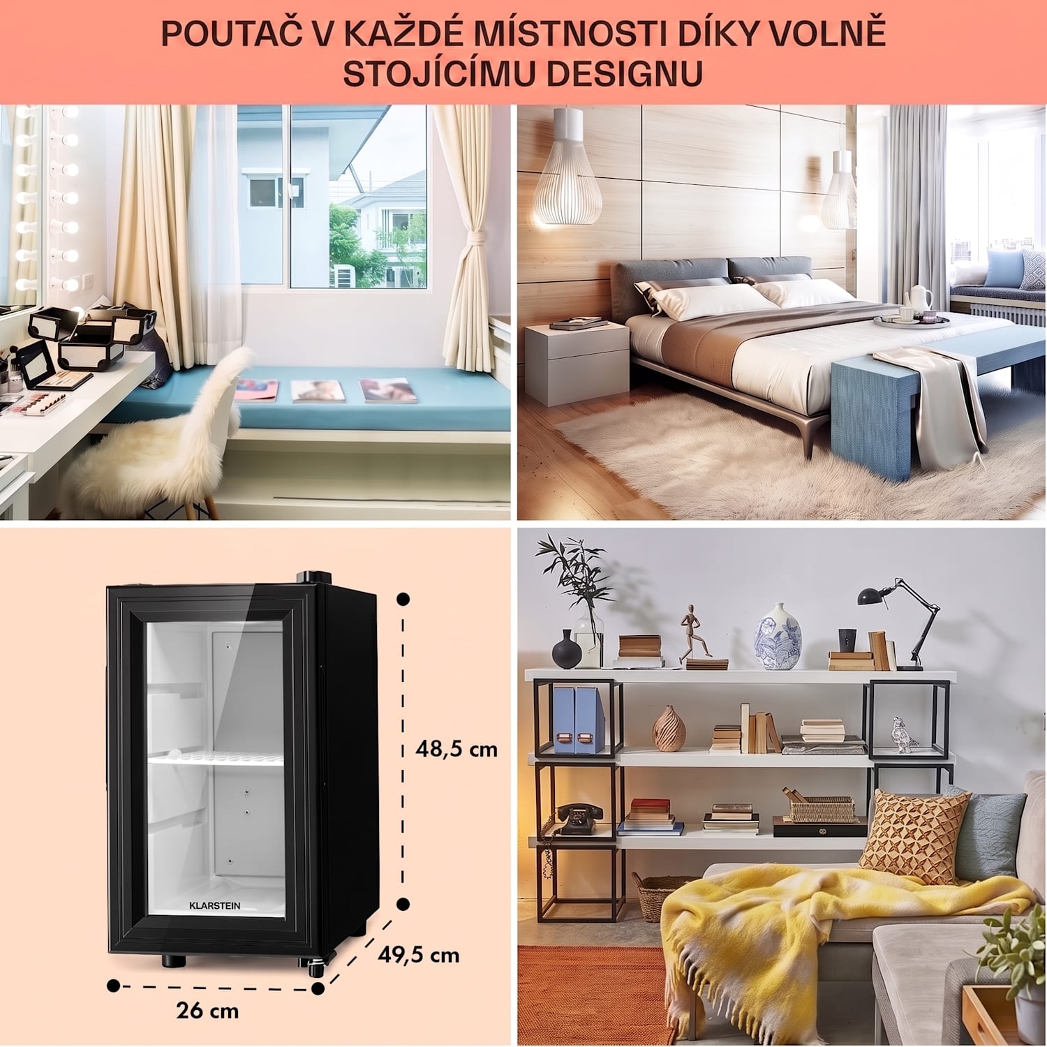 Brooklyn 23 Slim, lednice, LED, plastová vložka, skleněné dveře 23 L | Černá
